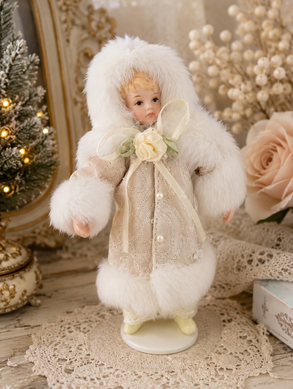 Vintage Winter Girl Doll Figurine White Faux Fur Cottagecore Christmas Decor